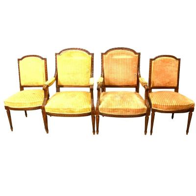 Salon Chaises Et Fauteuils Style Louis XVI 4 Pièces Fin XIXème En Noyer 