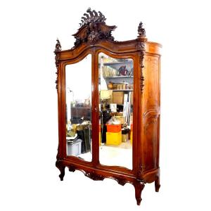 Exceptionnelle Armoire à Glaces Baroque De Style Louis XV Rocaille En Noyer Aux Bébés