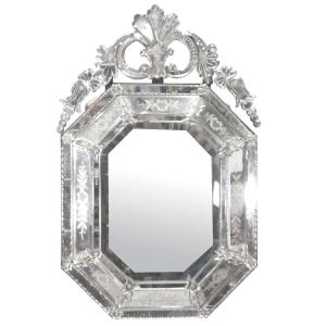 Engraved Venetian Style Mirror Octagonal Shape Decorated With Flowers