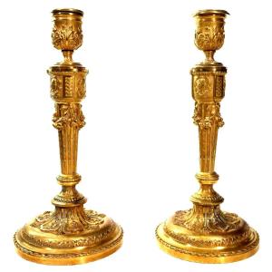 Pair Of Candlesticks In Gilt Bronze With Nineteenth Ornaments