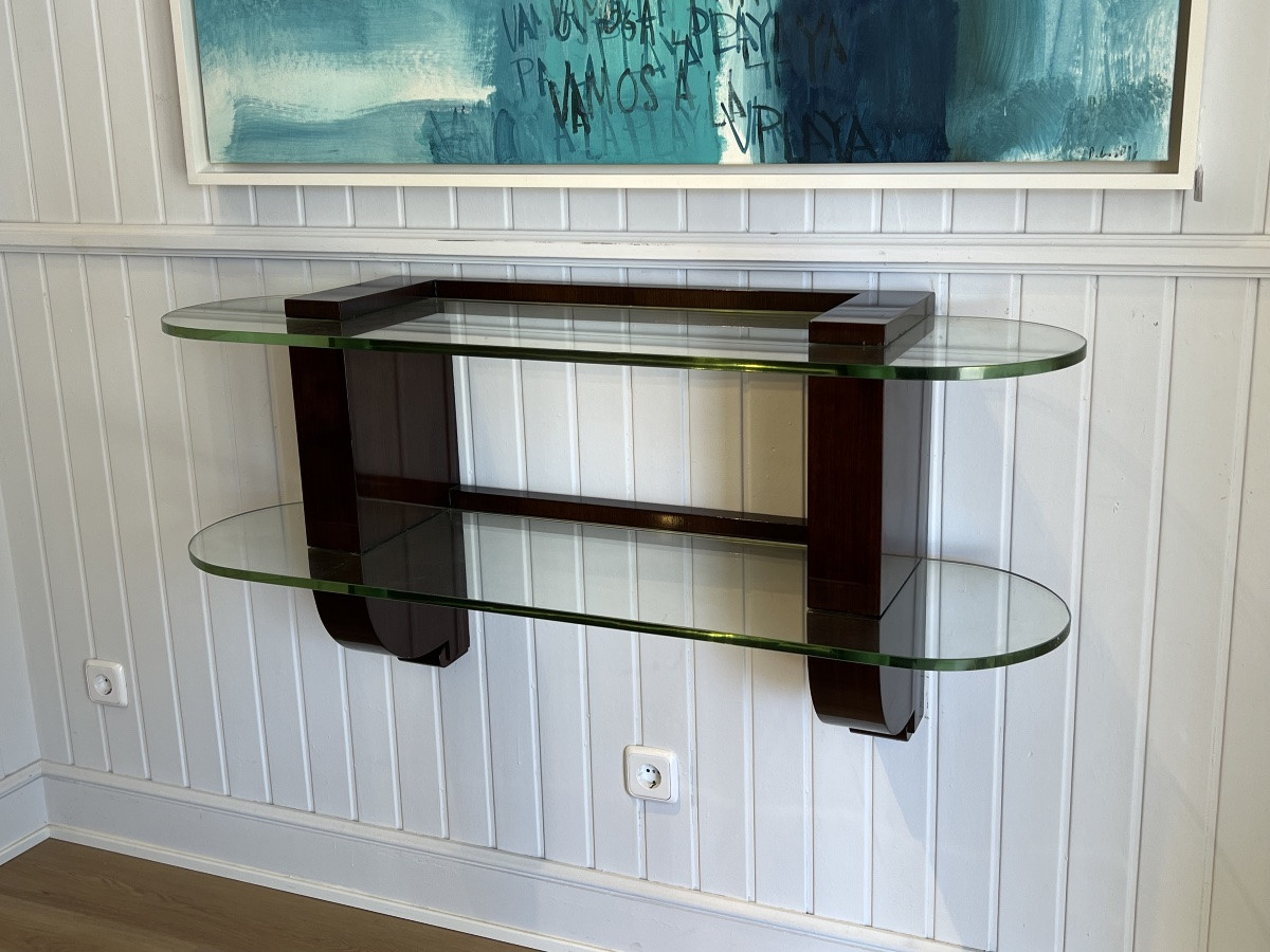 Console murale Art Déco en bois et verre, signée Jules Leleu-photo-4