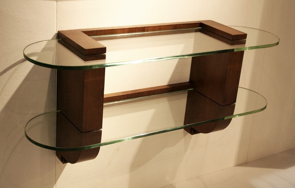 Console murale Art Déco en bois et verre, signée Jules Leleu