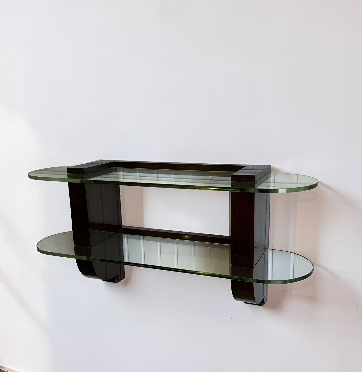 Console murale Art Déco en bois et verre, signée Jules Leleu