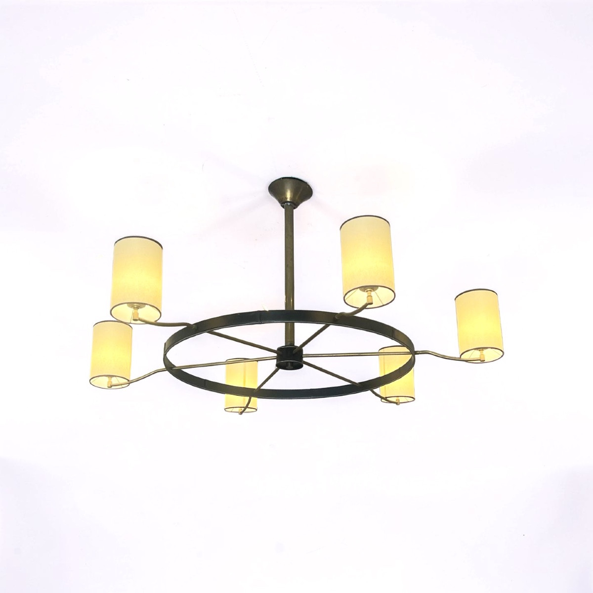 Modern Six-light Leather Pendant Lamp, Circa 1950, Attributed To Jacques Adnet. 