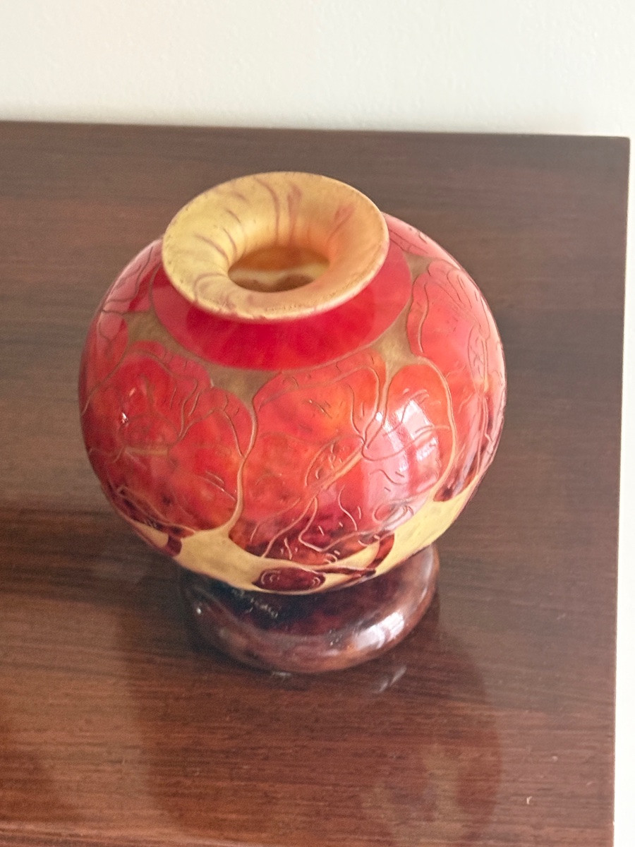 Acid-etched Multi-layered Glass Art Deco Ball Vase - Le Verre Français-charles Schneider-photo-2