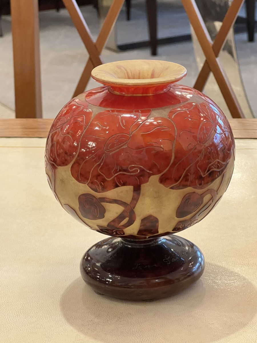 Acid-etched Multi-layered Glass Art Deco Ball Vase - Le Verre Français-charles Schneider-photo-3