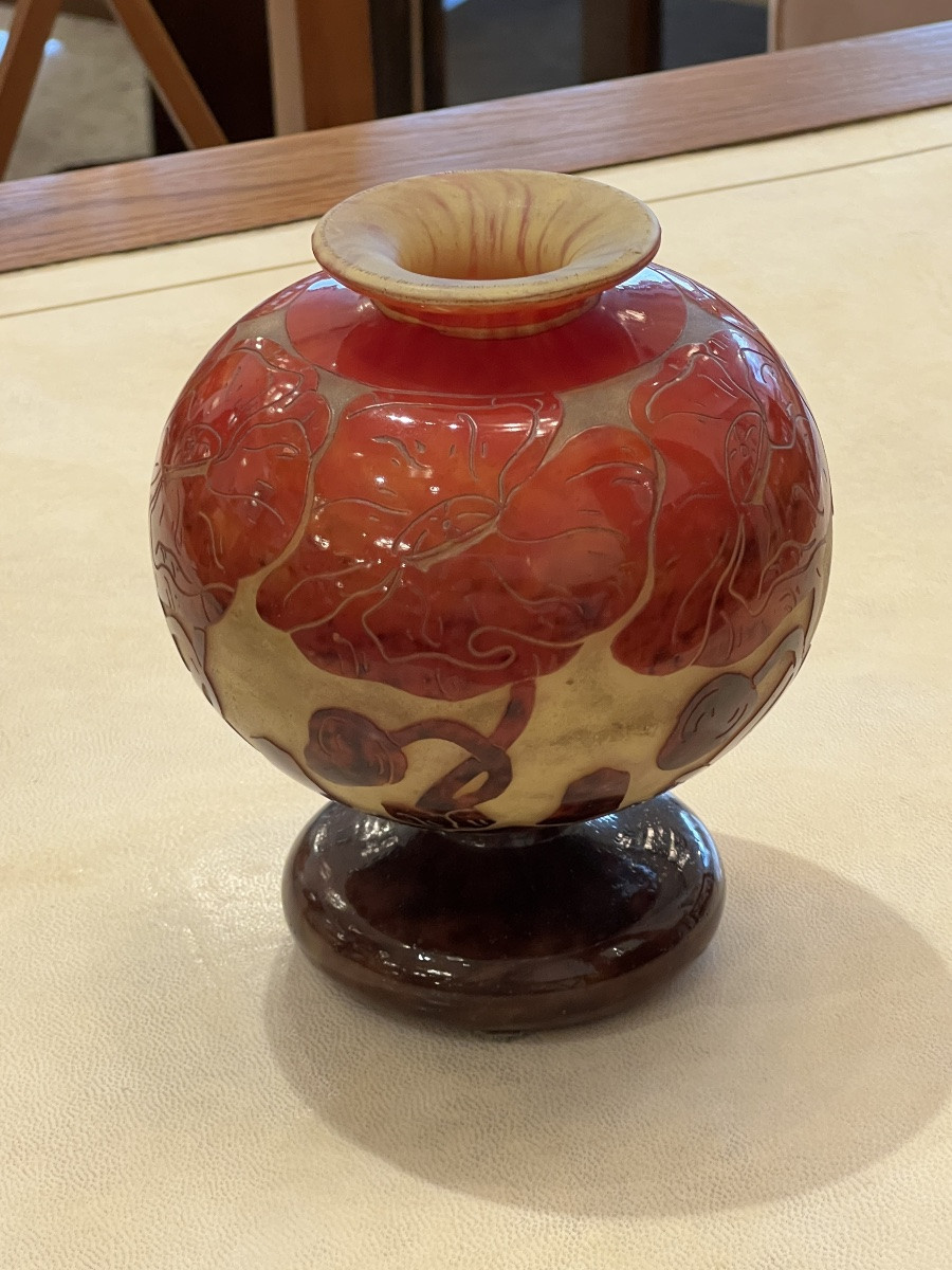 Acid-etched Multi-layered Glass Art Deco Ball Vase - Le Verre Français-charles Schneider-photo-4
