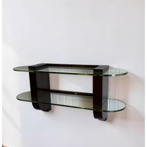 Art Deco Wall Console In Wood And Glass, Signed Jules Leleu