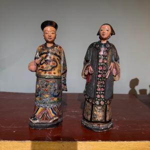 A Pair Of Polychrome Terracotta Magots "nodding Heads"