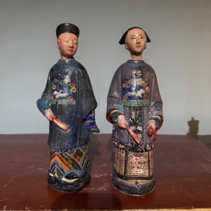 A Pair Of Polychrome Terracotta Nodding Heads Magots