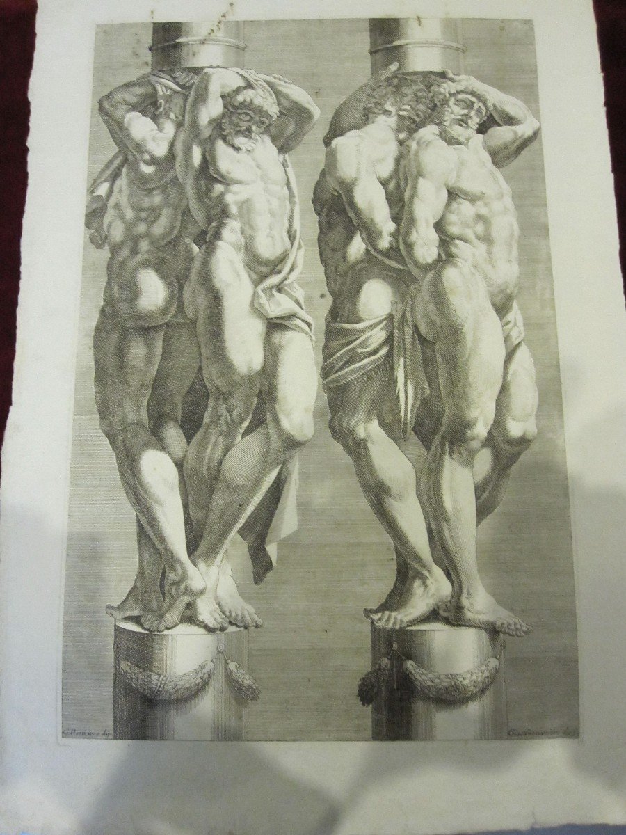 Cariatides: Paire De Grandes Gravures Du S. XVII  Dessins De Guido Reni Et Ludovico Caracci-photo-3