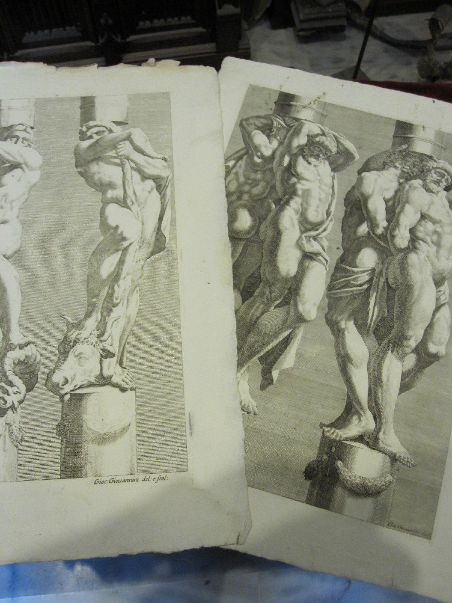 Cariatides: Paire De Grandes Gravures Du S. XVII  Dessins De Guido Reni Et Ludovico Caracci-photo-2