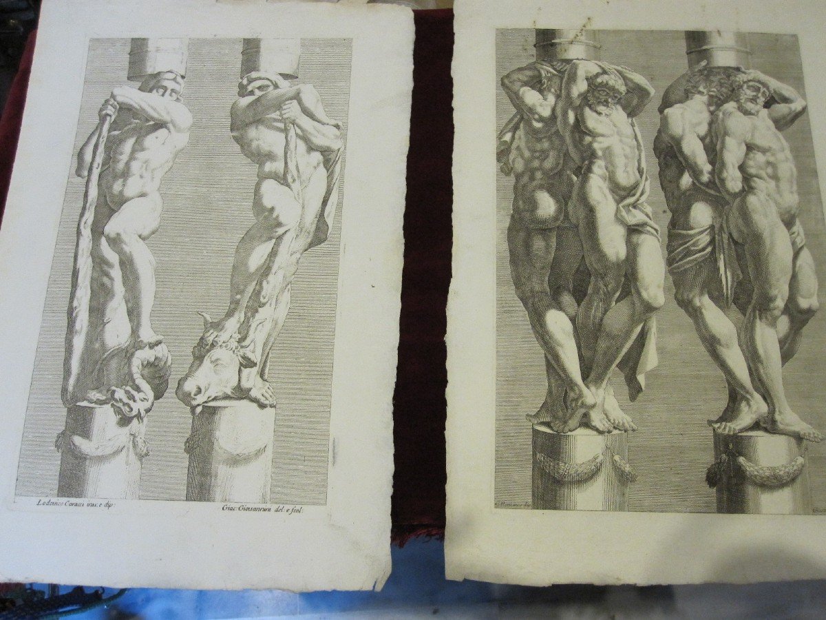 Cariatides: Paire De Grandes Gravures Du S. XVII  Dessins De Guido Reni Et Ludovico Caracci-photo-4