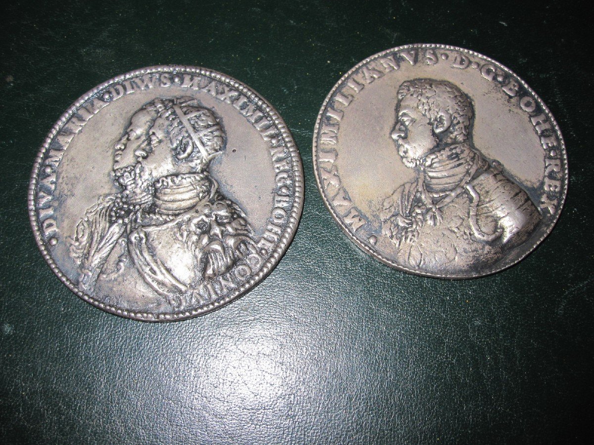 Maximilien II Et Marie d'Autriche. Médaille En Métal Argenté Du XVIe Siècle-photo-6