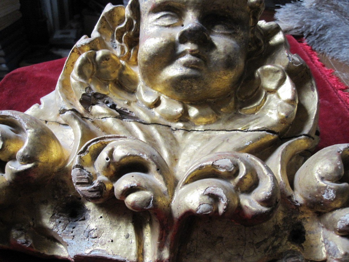 Baroque Console With Carved And Gilded Angel Head. Seventeenth Century Altarpiece Fragment-photo-3