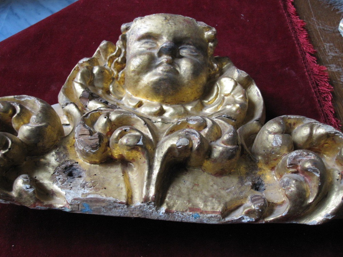 Console Baroque à Tête d'Ange Sculptée Et Dorée. Fragment De Retable Du XVIIe Siècle-photo-4