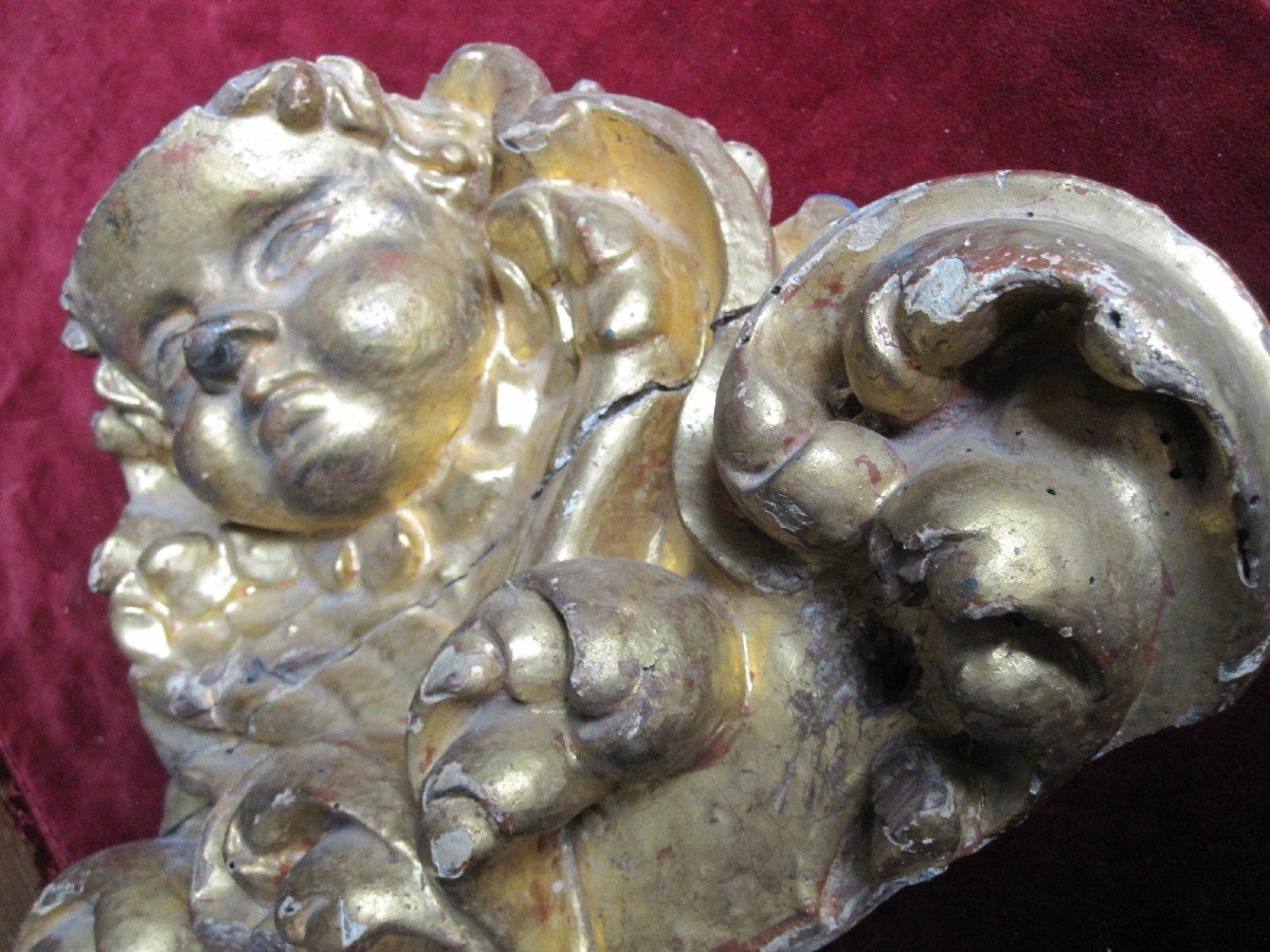 Baroque Console With Carved And Gilded Angel Head. Seventeenth Century Altarpiece Fragment-photo-4