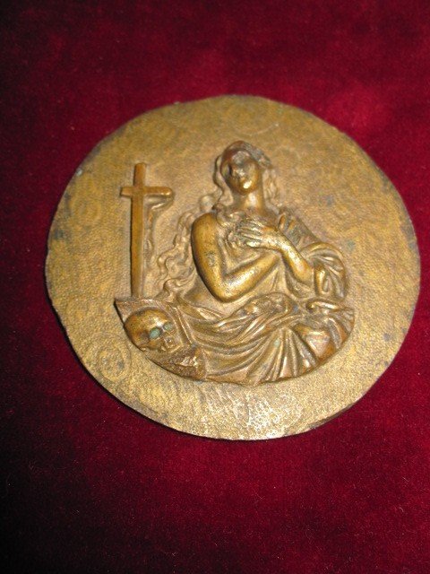 Maria Magdalena: Circular Bronze Plaque From The Century. 17th Or 18th-photo-2
