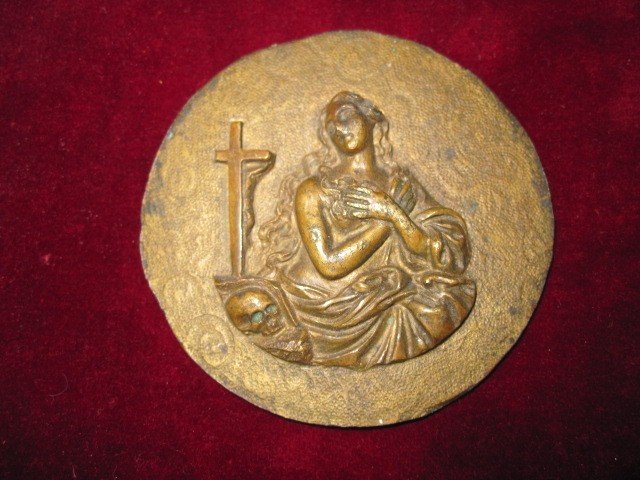 Maria Magdalena: Circular Bronze Plaque From The Century. 17th Or 18th-photo-1