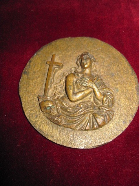Maria Magdalena: Circular Bronze Plaque From The Century. 17th Or 18th-photo-3