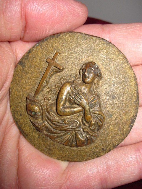 Maria Magdalena: Circular Bronze Plaque From The Century. 17th Or 18th-photo-5