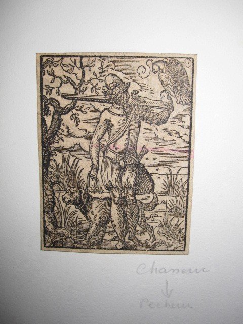 Small Xylographic Engraving: Hunter With Falcon Dog And Arquebuse. 16th Century-photo-3