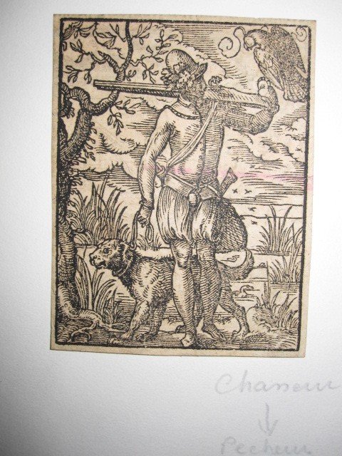 Small Xylographic Engraving: Hunter With Falcon Dog And Arquebuse. 16th Century-photo-1