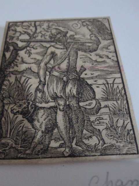 Small Xylographic Engraving: Hunter With Falcon Dog And Arquebuse. 16th Century-photo-4