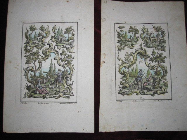 Pair Of Engravings With Pastoral Motifs And Seed Beads. Possible Patterns For Upholstering Them