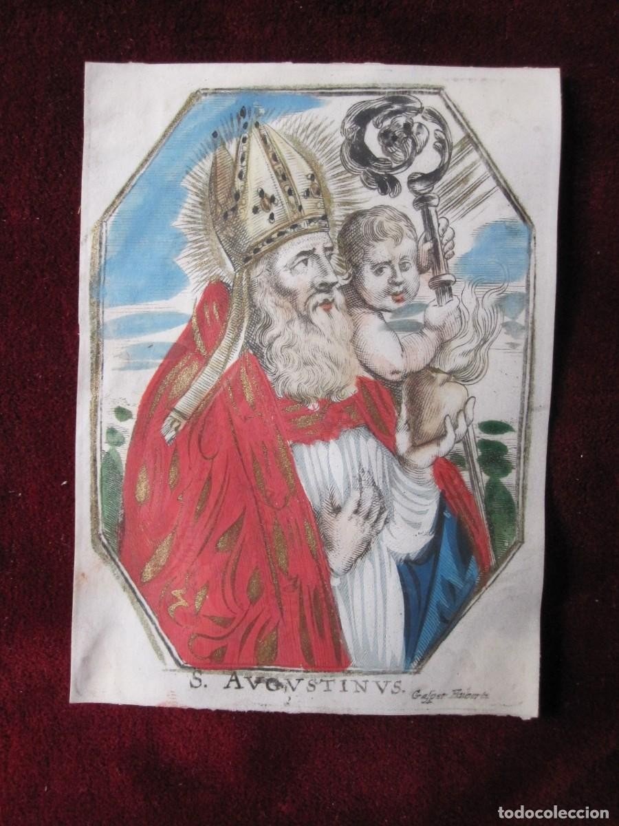 Deux Belles Gravures Sur Parchemin, Couleur Et Doré : San Agustin Et Un Autre Saint. 17ème Sièc-photo-4