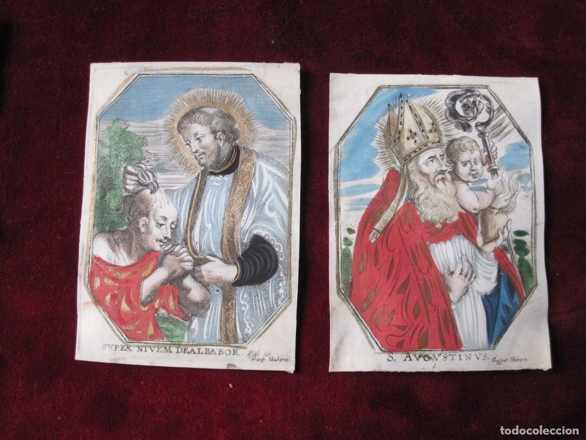 Deux Belles Gravures Sur Parchemin, Couleur Et Doré : San Agustin Et Un Autre Saint. 17ème Sièc-photo-5
