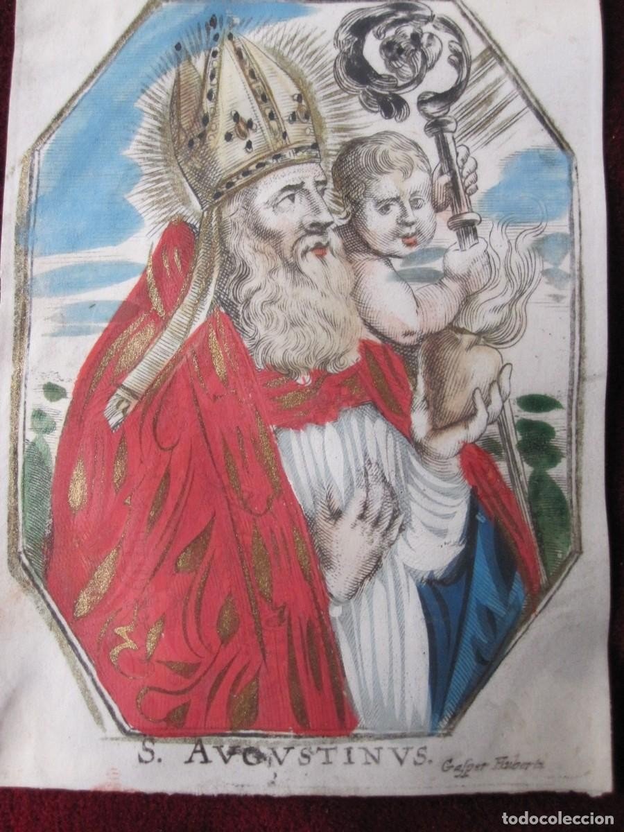 Deux Belles Gravures Sur Parchemin, Couleur Et Doré : San Agustin Et Un Autre Saint. 17ème Sièc-photo-6