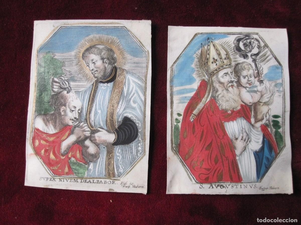Deux Belles Gravures Sur Parchemin, Couleur Et Doré : San Agustin Et Un Autre Saint. 17ème Sièc