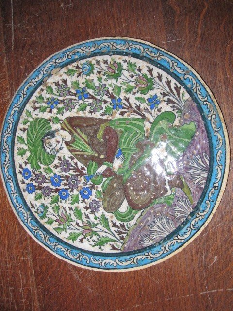 Qajar Period Persian Tile With Figure And Floral Decoration-photo-1