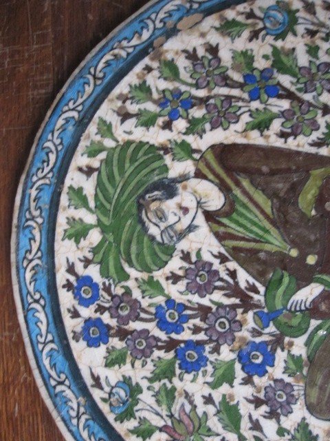 Qajar Period Persian Tile With Figure And Floral Decoration-photo-3