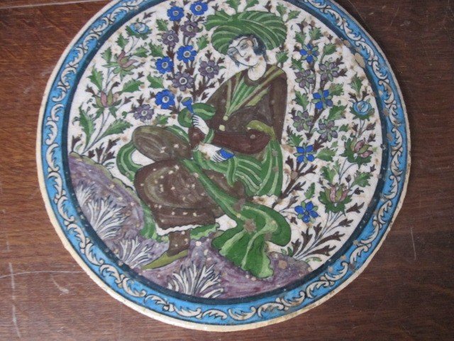 Qajar Period Persian Tile With Figure And Floral Decoration-photo-8
