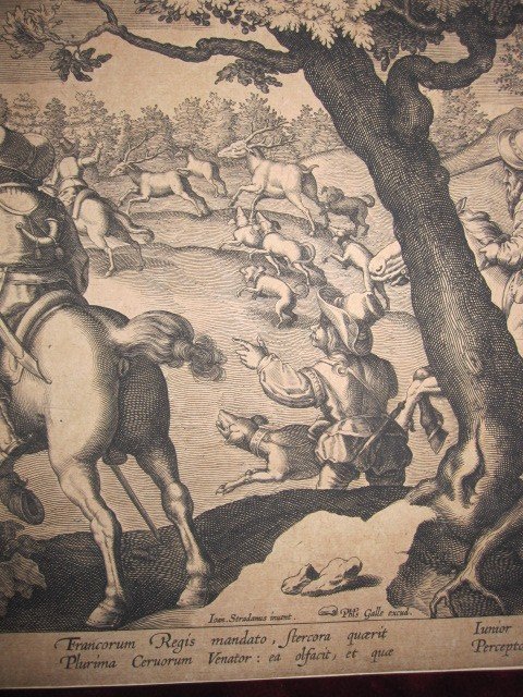 Hunting Scene. Copper Engraving Of The S. XVII. Composition Of Stradanus Engraved By Galle-photo-3