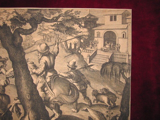 Hunting Scene. Copper Engraving Of The S. XVII. Composition Of Stradanus Engraved By Galle-photo-4