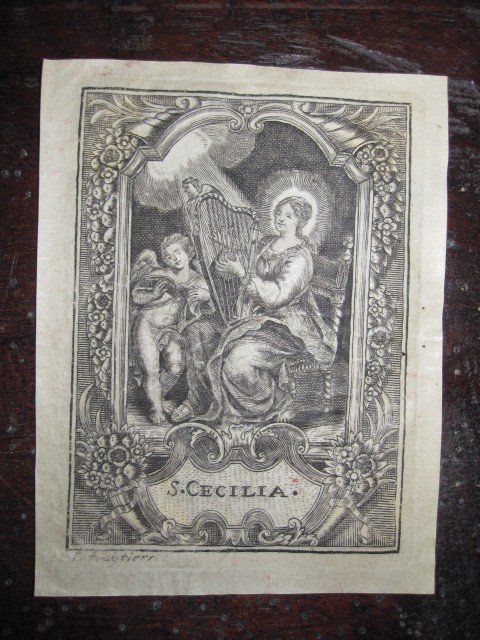 Sainte Cécile. Gravure Dévotionnelle  Sur Parchemin Du Siècle. XVII