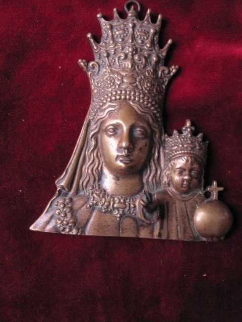 Virgin In Triple Crown With The Child Jesus. Plate In Bronze Mixtilinea And High Relieve