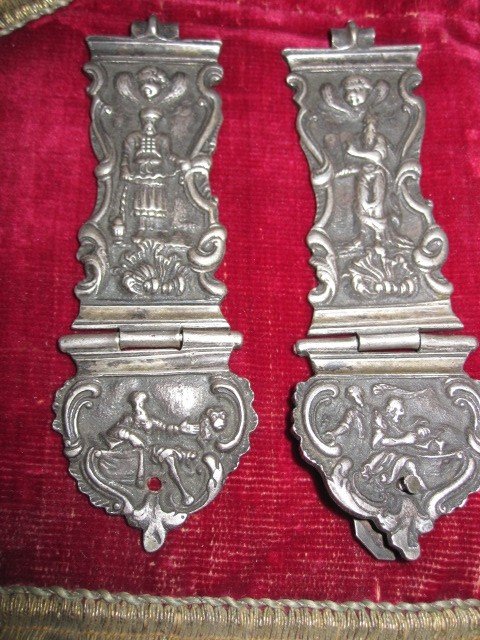 Silver Book Closures Carved With Moses, Aaron And The Evangelists Mark And Matthew