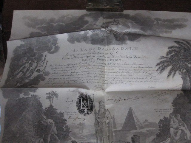 Freemasonry: Grand Masonic Diploma Engraving On Parchment, Montpellier, 1867-photo-1
