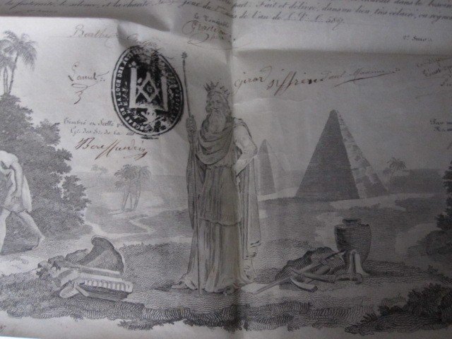 Freemasonry: Grand Masonic Diploma Engraving On Parchment, Montpellier, 1867-photo-4