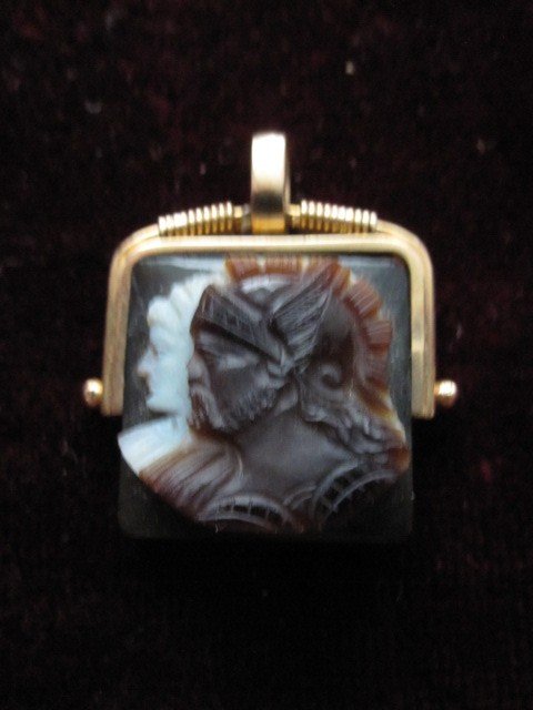 Cameo Carved In Two-tone Agate: Heads Of Warriors Or Mythological Gods. C. XIX-photo-5