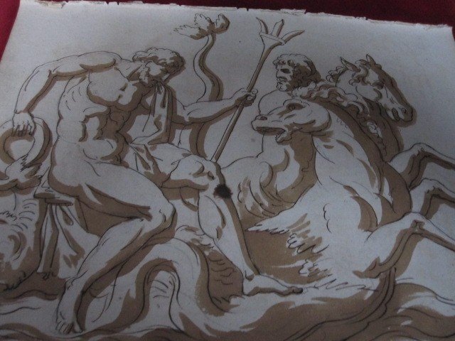 Neptune Et Son Char. Dessin à l'Encre Et Au Lavis Attribué à : Jean Guillaume Moitte.1746-1810.-photo-7