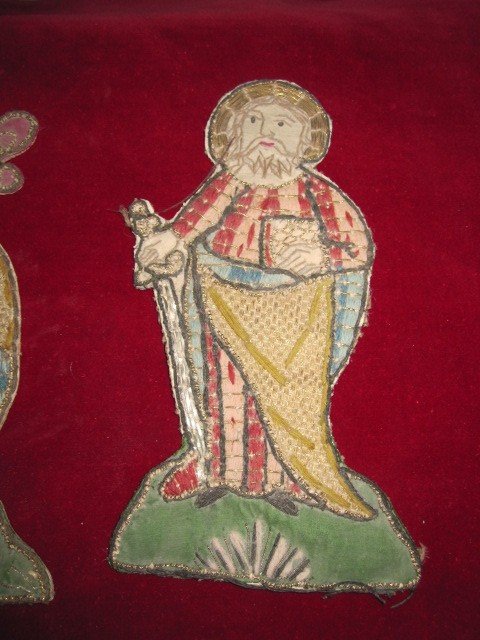 Saint Paul Et évêque. Broderie En Soie De Couleur Et Fils d'Or Du 16eme Ou 17eme Siecle. -photo-3