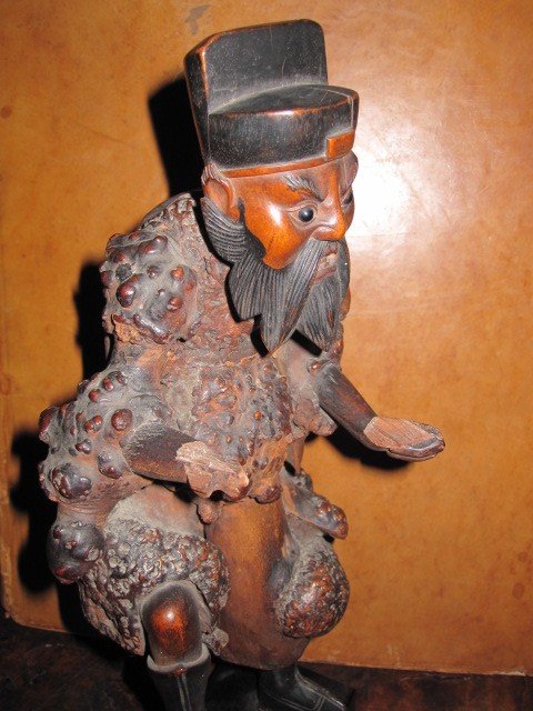 Okimono. Japanese Warrior Carved In Root Wood. Edo Period-photo-4