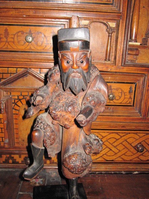 Okimono. Japanese Warrior Carved In Root Wood. Edo Period-photo-7