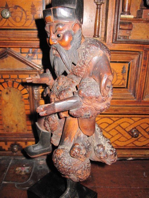 Okimono. Japanese Warrior Carved In Root Wood. Edo Period-photo-8