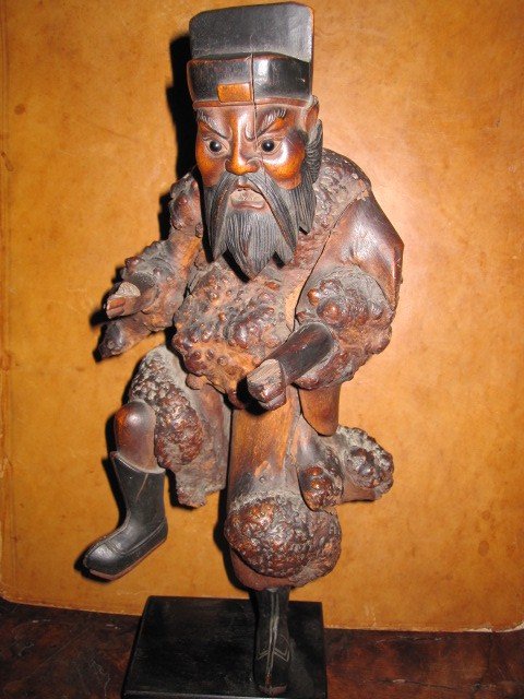 Okimono. Japanese Warrior Carved In Root Wood. Edo Period